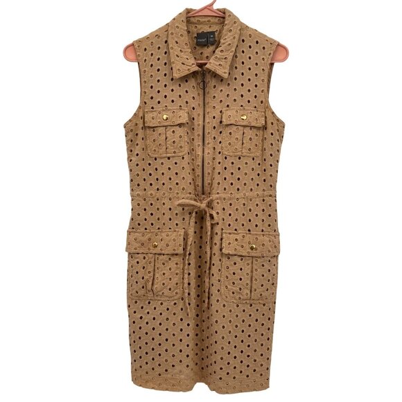 Muse Eyelet Dress Womens 10 Tan Military Flap Pockets Coastal Sleeveless Cotton‎ - Picture 1 of 7